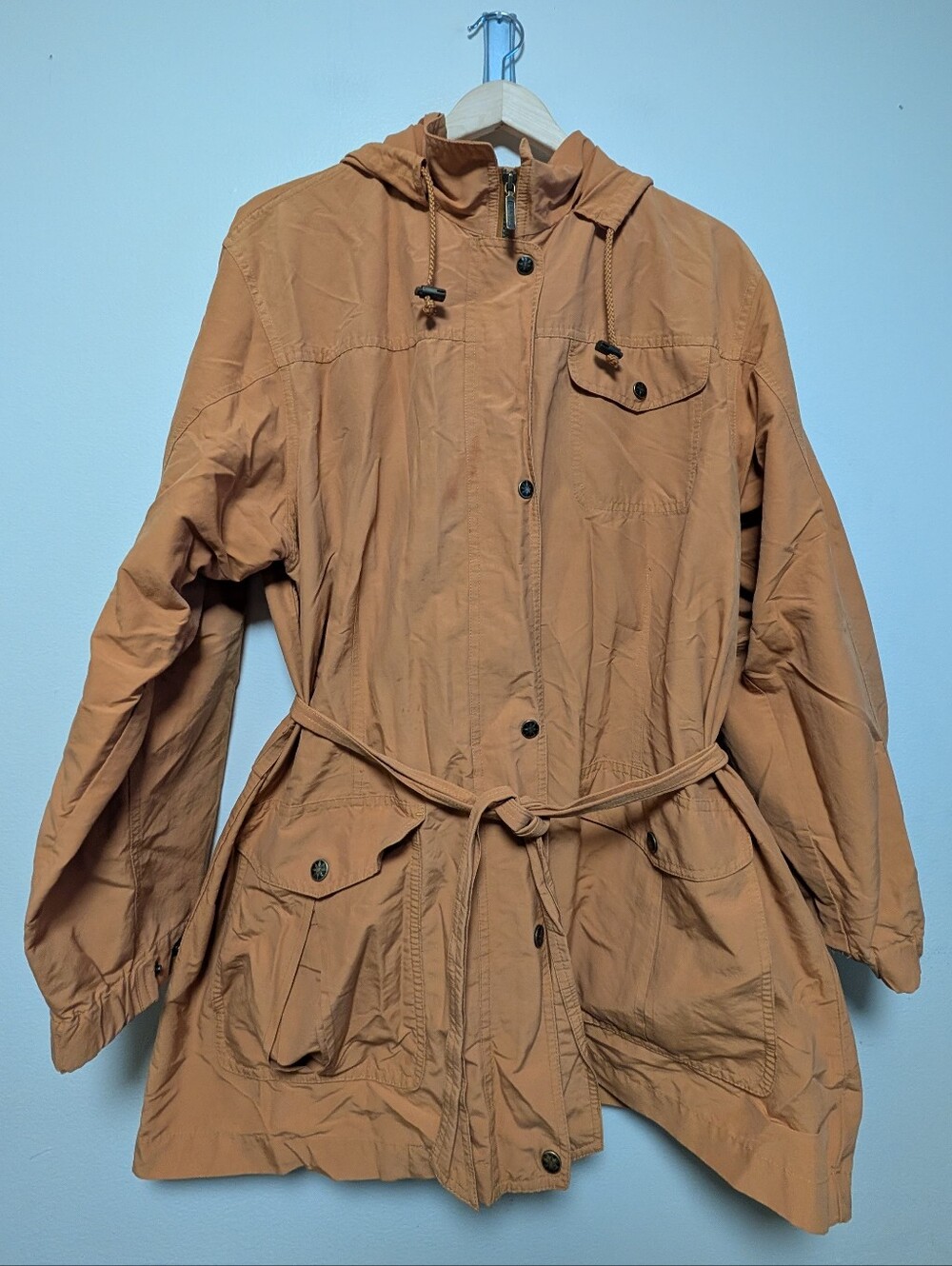 L.L.Bean Hooded Utility Rain Jacket XL Camel Tan Belted Outdoor Coat